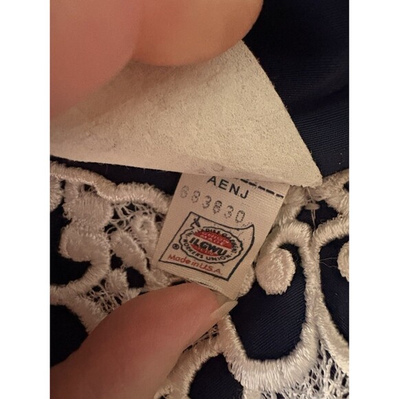 VTG'80 ILGWU Prom Formal Navy Blue Satin Lace Dress /Puffs Sleeves /Bows Size 40 - Picture 16 of 16